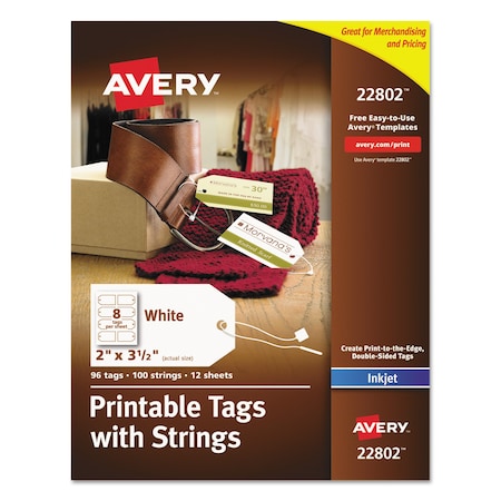 Avery Dennison Printer Label Tags, W/String, White, PK96 22802